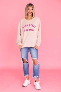 Outlet 😉 Pink Lily Mama Needs Some Wine Pale Pink Graphic Sweatshirt ⌛ -Tees Shop 4W3A2743 650x