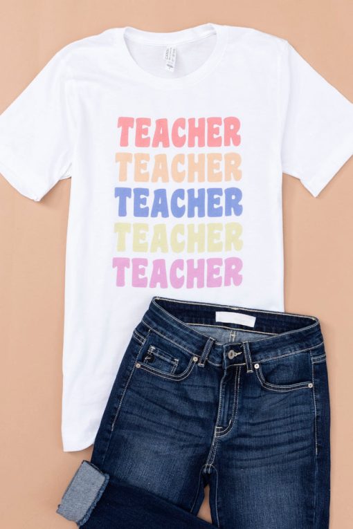 Outlet 🤩 Pink Lily Teacher Multi White Graphic Tee 👏 -Tees Shop