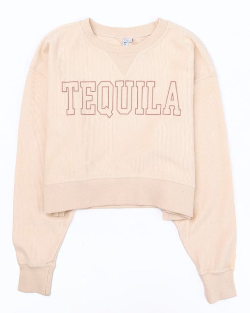 Outlet ✔️ Pink Lily Tequila Block Cropped Corded Graphic Cream Sweatshirt 🤩 -Tees Shop