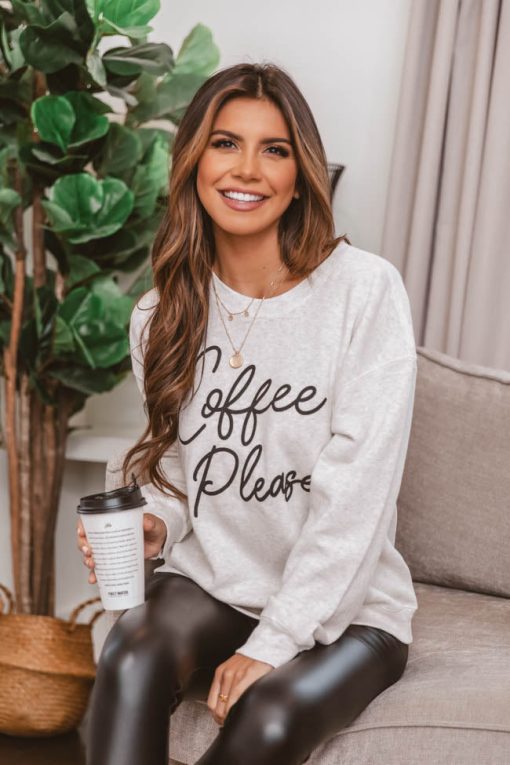 New ❤️ Pink Lily Coffee Please Graphic Heather Sand Sweatshirt ✔️ -Tees Shop