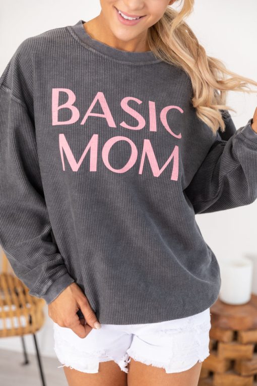 Best Pirce ⭐ Pink Lily Basic Mom Corded Graphic Charcoal Sweatshirt 👏 -Tees Shop