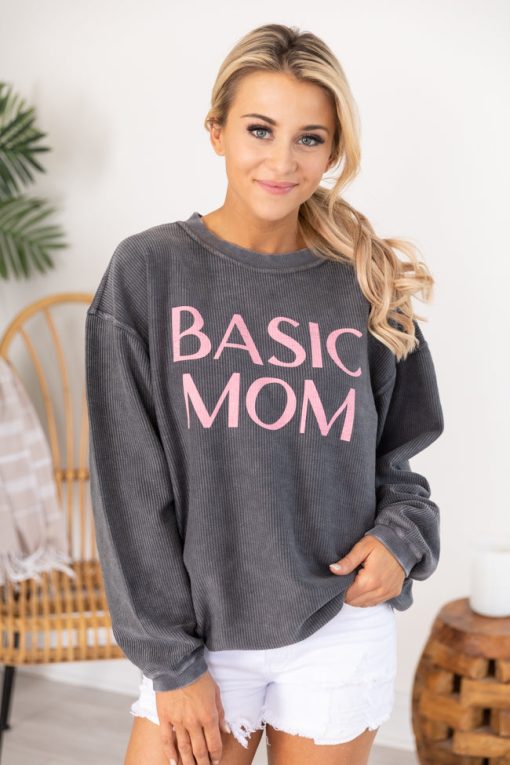 Best Pirce ⭐ Pink Lily Basic Mom Corded Graphic Charcoal Sweatshirt 👏 -Tees Shop