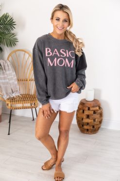 Best Pirce ⭐ Pink Lily Basic Mom Corded Graphic Charcoal Sweatshirt 👏 -Tees Shop A173786 3 650x