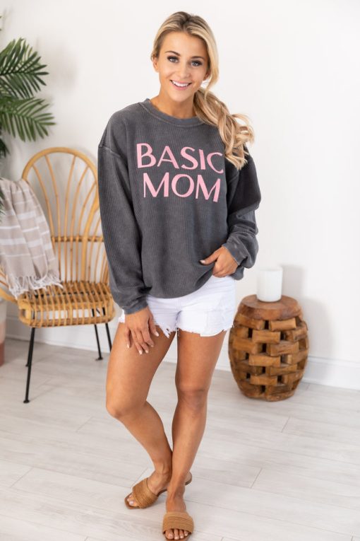 Best Pirce ⭐ Pink Lily Basic Mom Corded Graphic Charcoal Sweatshirt 👏 -Tees Shop