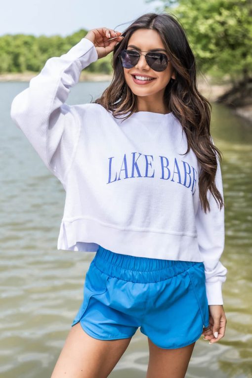 Promo 🧨 Pink Lily Lake Babe Cropped Corded Graphic White Sweatshirt 😀 -Tees Shop