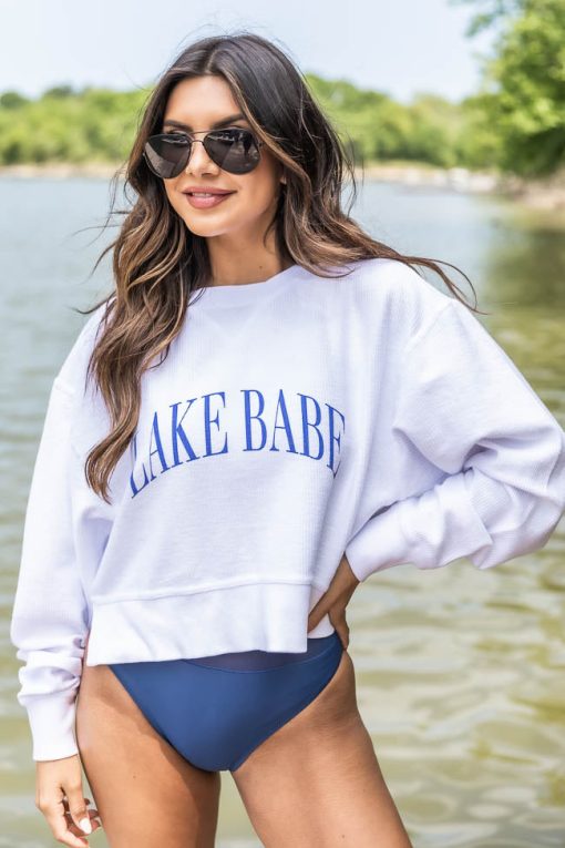 Promo 🧨 Pink Lily Lake Babe Cropped Corded Graphic White Sweatshirt 😀 -Tees Shop