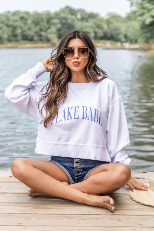 Promo 🧨 Pink Lily Lake Babe Cropped Corded Graphic White Sweatshirt 😀 -Tees Shop