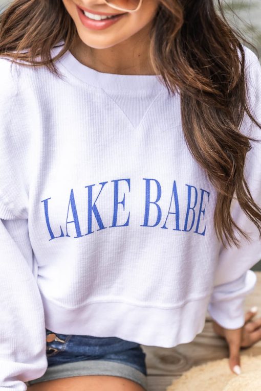 Promo 🧨 Pink Lily Lake Babe Cropped Corded Graphic White Sweatshirt 😀 -Tees Shop