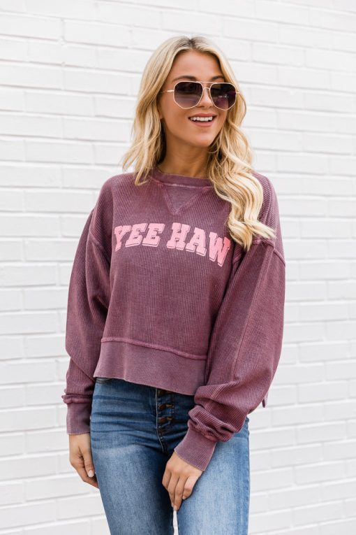 Cheapest 🤩 Pink Lily Yee Haw Cropped Corded Graphic Maroon Sweatshirt 🔥 -Tees Shop