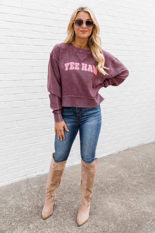 Cheapest 🤩 Pink Lily Yee Haw Cropped Corded Graphic Maroon Sweatshirt 🔥 -Tees Shop