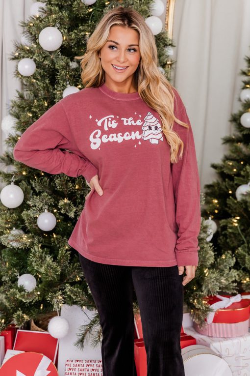 Top 10 🎉 Pink Lily Tis The Season 🎅 Christmas Cake Red Long Sleeve Graphic Tee 👍 -Tees Shop