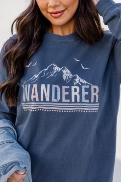 Wholesale ⌛ Pink Lily Wanderer Blue Long Sleeve Graphic Tee 🌟 -Tees Shop A189028 4 650x