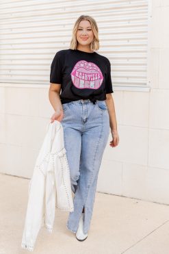 Flash Sale ⌛ Pink Lily Nashville Lips Black Heather Graphic Tee 🎉 -Tees Shop AAC108140 2 650x