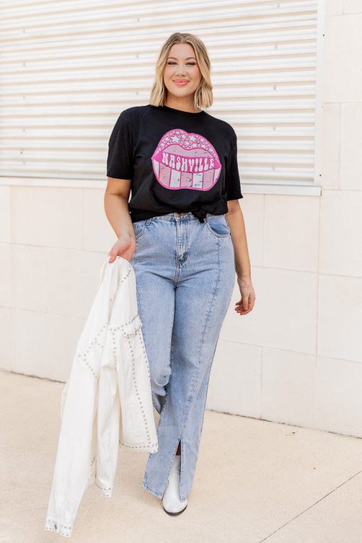 Flash Sale ⌛ Pink Lily Nashville Lips Black Heather Graphic Tee 🎉 -Tees Shop