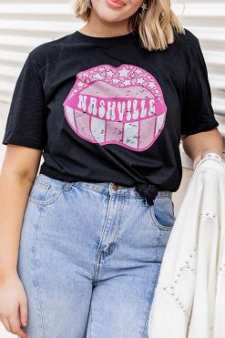 Flash Sale ⌛ Pink Lily Nashville Lips Black Heather Graphic Tee 🎉 -Tees Shop AAC108140 4 650x