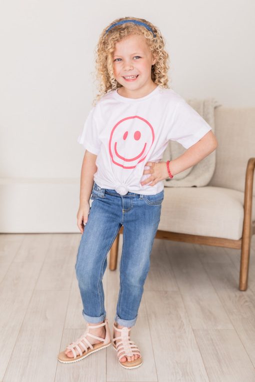 Wholesale 😍 Pink Lily Kids Pink Smiley Face White Graphic Tee 🧨 -Tees Shop