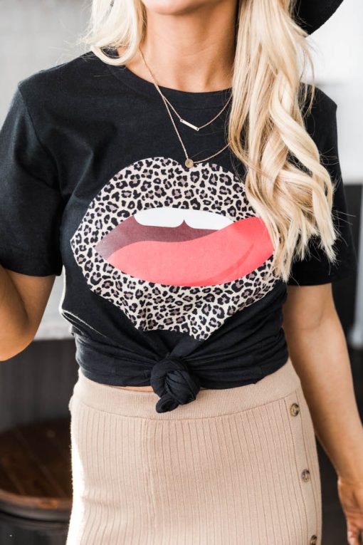 Best reviews of 🌟 Pink Lily Animal Print Lips Black Heather Graphic Tee 🧨 -Tees Shop