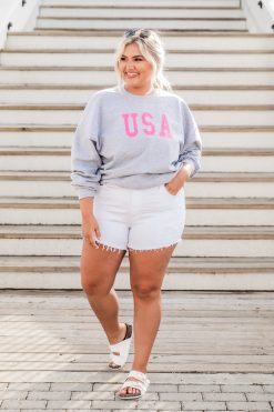 Hot Sale 🌟 Pink Lily USA Pink Outline Sports Grey Graphic Sweatshirt 😉 -Tees Shop AW125479 usapinkoutlinegreysweatshrt backroadsongswhite briellewhite simpleadvice 2 650x