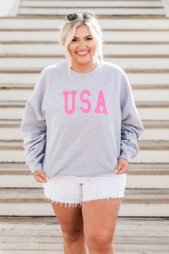 Hot Sale 🌟 Pink Lily USA Pink Outline Sports Grey Graphic Sweatshirt 😉 -Tees Shop AW125479 usapinkoutlinegreysweatshrt backroadsongswhite briellewhite simpleadvice 4 650x