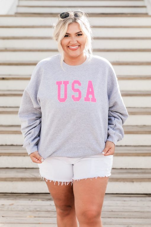 Hot Sale 🌟 Pink Lily USA Pink Outline Sports Grey Graphic Sweatshirt 😉 -Tees Shop