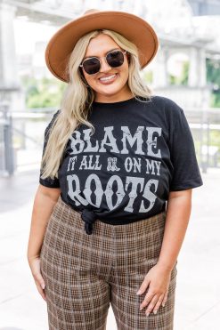 Wholesale 😀 Pink Lily Blame It All On My Roots Black Graphic Tee 😀 -Tees Shop AZ108140 5 650x