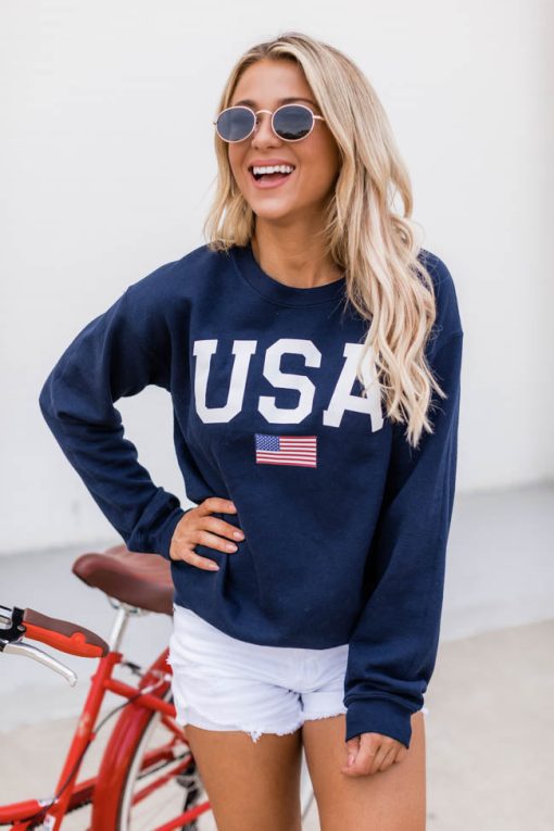 Hot Sale ✔️ Pink Lily Athletic USA Flag Navy Sweatshirt ✔️ -Tees Shop