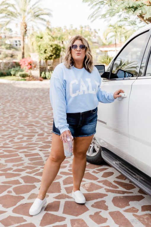 Best deal 👏 Pink Lily Cali Distressed Light Blue Graphic Sweatshirt 😀 -Tees Shop