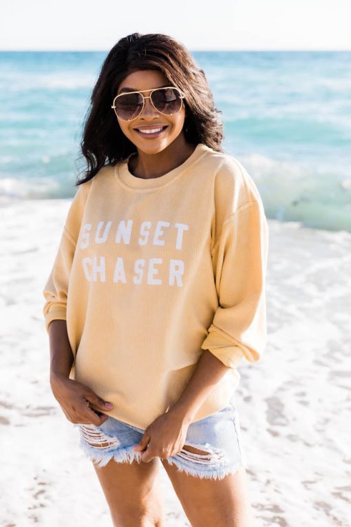 Outlet ❤️ Pink Lily Sunset Chaser Gold Corded Graphic Sweatshirt 🥰 -Tees Shop