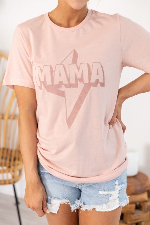 Best Pirce 👍 Pink Lily Mama Lightning Bolt Graphic Peach Tee 🥰 -Tees Shop