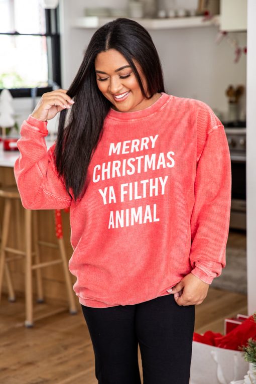 Hot Sale 🔔 Pink Lily Merry 🎄 Christmas Ya Filthy Animal Red Corded Graphic Sweatshirt ⭐ -Tees Shop