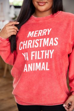 Hot Sale 🔔 Pink Lily Merry 🎄 Christmas Ya Filthy Animal Red Corded Graphic Sweatshirt ⭐ -Tees Shop B181774 185702 8 650x