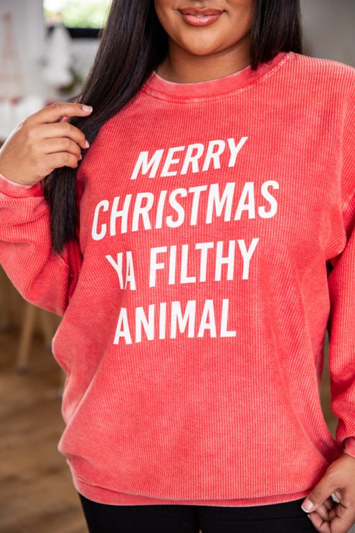 Hot Sale 🔔 Pink Lily Merry 🎄 Christmas Ya Filthy Animal Red Corded Graphic Sweatshirt ⭐ -Tees Shop