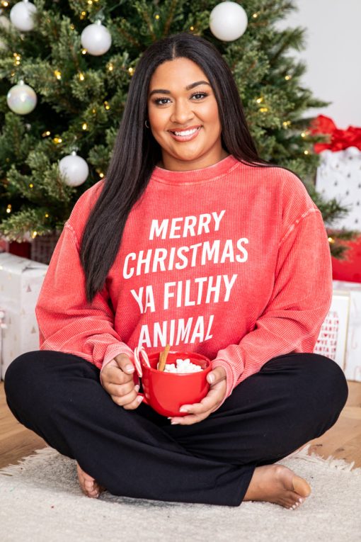 Hot Sale 🔔 Pink Lily Merry 🎄 Christmas Ya Filthy Animal Red Corded Graphic Sweatshirt ⭐ -Tees Shop