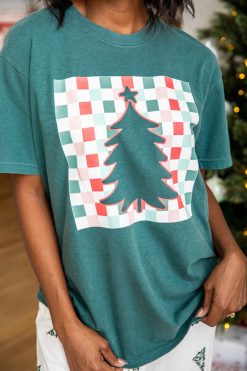 Flash Sale 👏 Pink Lily Checkered 🎄 Christmas Tree Dark Green Graphic Tee ⭐ -Tees Shop B186820 1 650x