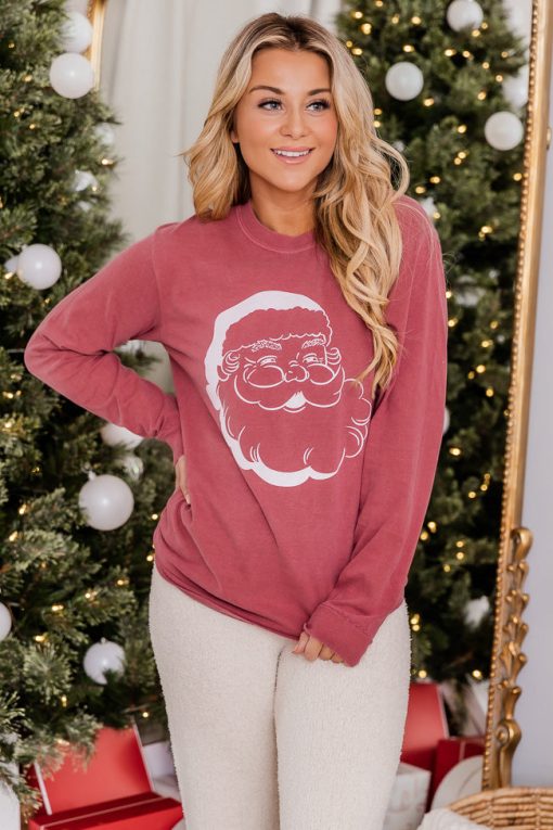 Best Sale 🥰 Pink Lily Vintage Santa Red Long Sleeve Graphic Tee ✔️ -Tees Shop