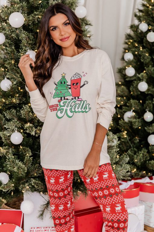 Budget 🥰 Pink Lily Deck The Halls Ivory Graphic Long Sleeve Tee 👏 -Tees Shop