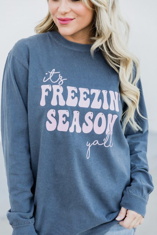 Coupon ✨ Pink Lily It's Freezin' Season Yall Blue Long Sleeve Graphic Tee ⭐ -Tees Shop