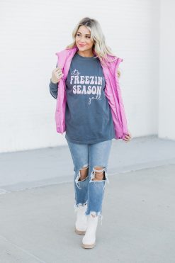 Coupon ✨ Pink Lily It's Freezin' Season Yall Blue Long Sleeve Graphic Tee ⭐ -Tees Shop B189028 5 650x