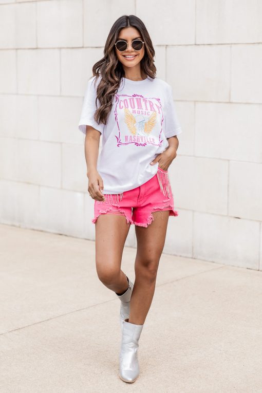 New 🌟 Pink Lily Country Music Nashville White Graphic Tee 🔔 -Tees Shop