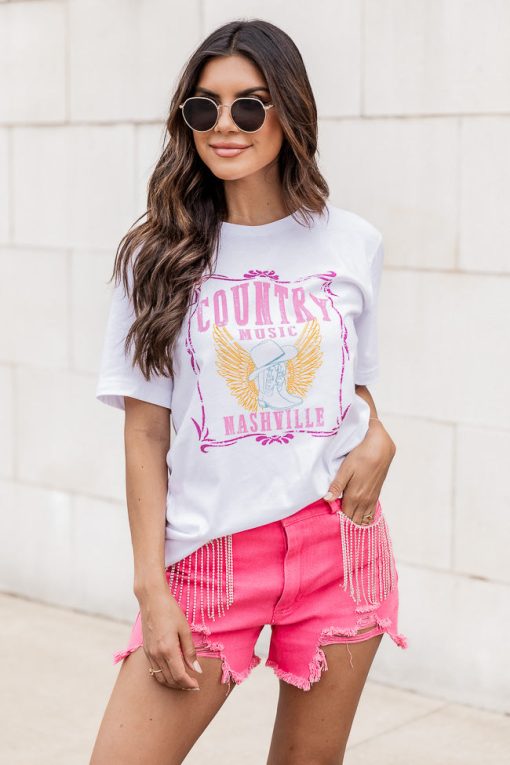 New 🌟 Pink Lily Country Music Nashville White Graphic Tee 🔔 -Tees Shop