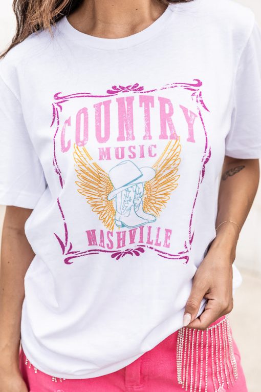 New 🌟 Pink Lily Country Music Nashville White Graphic Tee 🔔 -Tees Shop