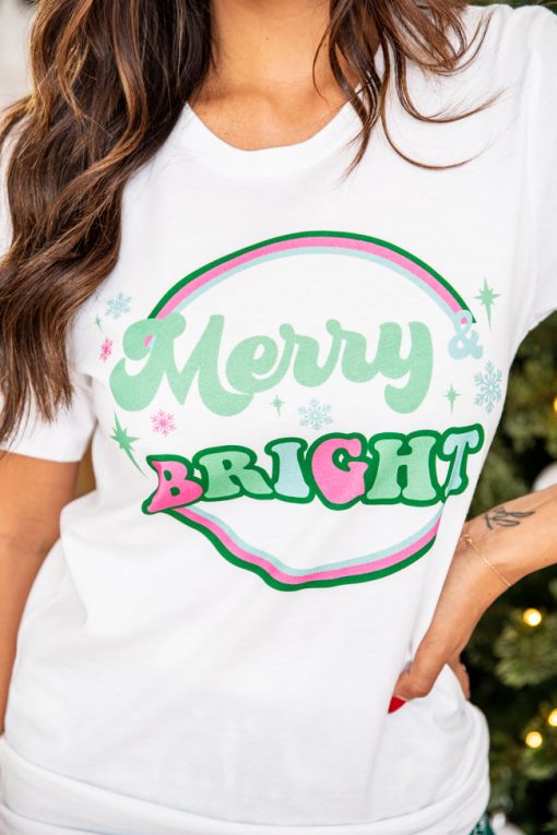 Best Pirce 😍 Pink Lily Merry And Bright Colorful White Graphic Tee 🎉 -Tees Shop