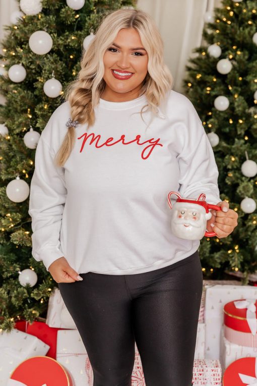 Cheapest 👏 Pink Lily Merry Script Graphic White Sweatshirt ✔️ -Tees Shop