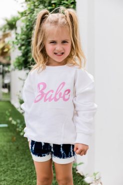 Discount 💯 Pink Lily Kids Babe Script Graphic Sweatshirt White 🎁 -Tees Shop Babe White Graphic Sweatshirt and mini youth 7 94048 650x