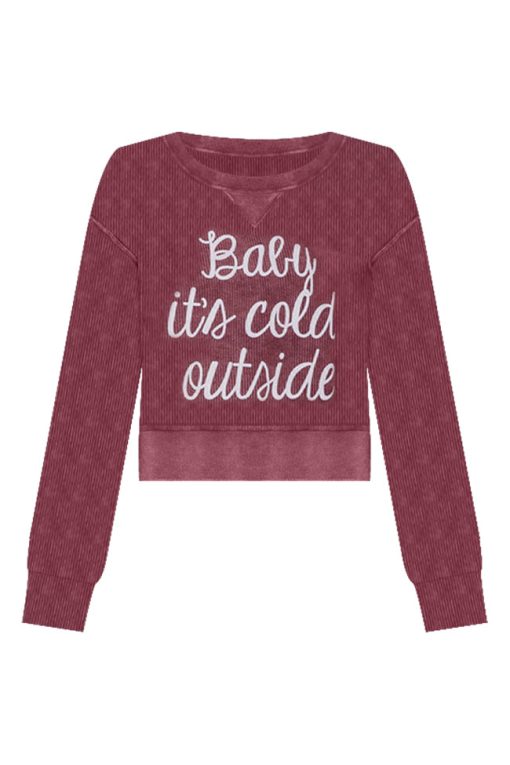 Top 10 🛒 Pink Lily Baby It's Cold Outside Cropped Corded Maroon Graphic Sweatshirt 🤩 -Tees Shop