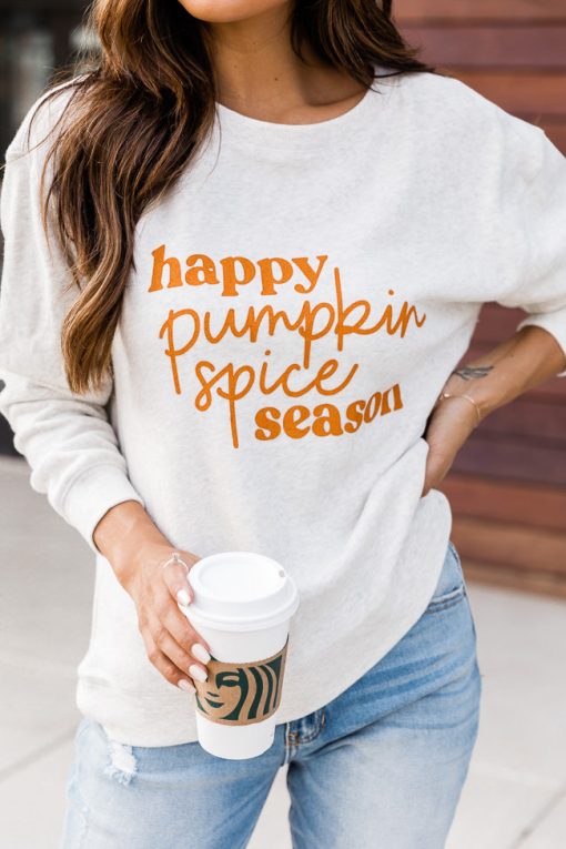 Hot Sale 🥰 Pink Lily Happy Pumpkin Spice Season Heather Sand Graphic Sweatshirt 🌟 -Tees Shop