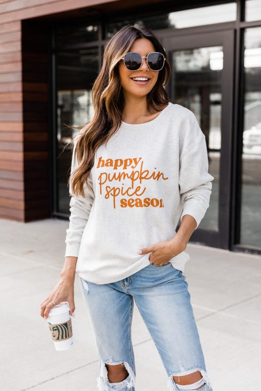 Hot Sale 🥰 Pink Lily Happy Pumpkin Spice Season Heather Sand Graphic Sweatshirt 🌟 -Tees Shop