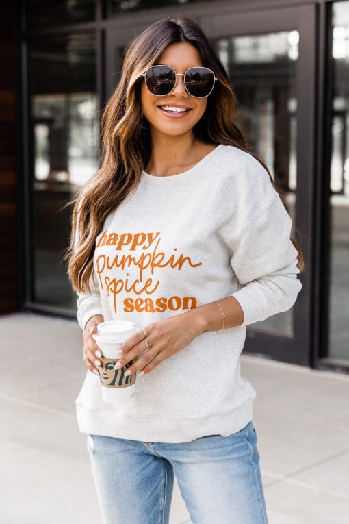 Hot Sale 🥰 Pink Lily Happy Pumpkin Spice Season Heather Sand Graphic Sweatshirt 🌟 -Tees Shop