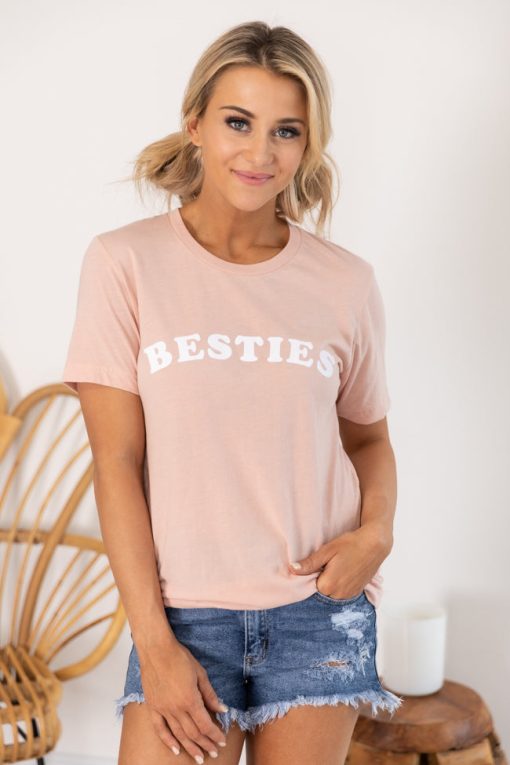 Hot Sale 🧨 Pink Lily Besties Graphic Peach Tee 🤩 -Tees Shop