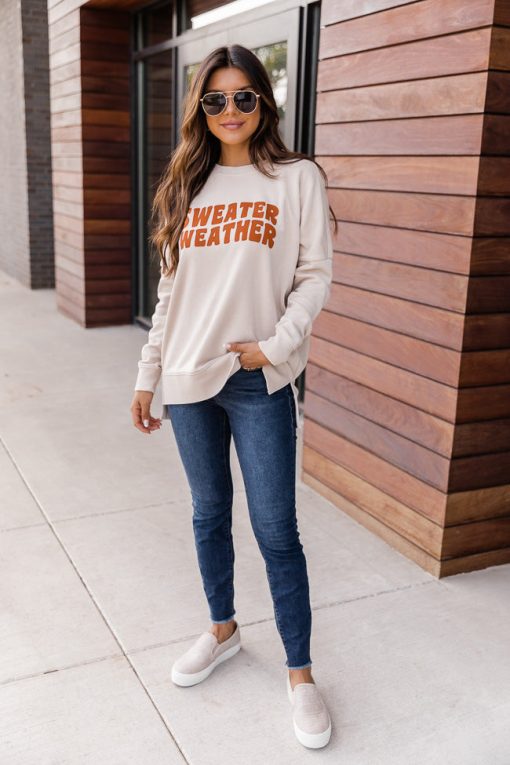 Coupon ⌛ Pink Lily Sweater Weather Wave Light Tan Graphic Sweatshirt ✨ -Tees Shop